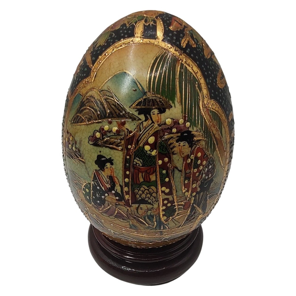 Japanese Satsuma Egg Porcelain Girl Maiden Motif Hand‎ Painted and Moriage Stand